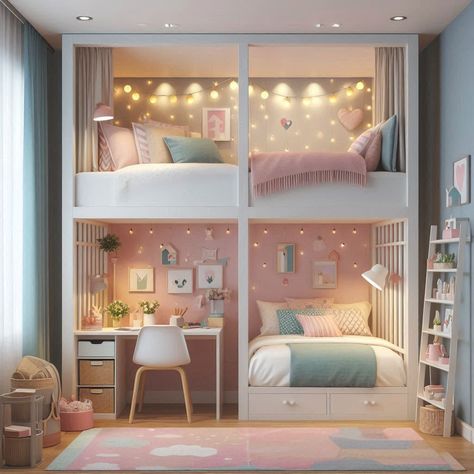 #bedroom   #girls'bedroom   #cute  #rose  #beds  #bunkbed Bunk Bed With Desk Pink, Teen Girl Bunk Bed Rooms, Girls Bedroom Ideas With Bunk Beds, Bunkbed Room Ideas Teen, Girls Bedroom Ideas Bunk Beds, Girls Bunkbed Bedroom Ideas, Girl Bunk Bed Rooms, Girls Cabin Bed, Aesthetic Bunk Bed