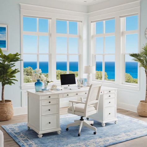 ⚠️LINK IN BIO⚠️ A bright and airy coastal home office with white furniture, blue accents, and large windows offering breathtaking ocean views for a refreshing workspace. #HomeOffice #Coastal #BrightAndAiry #WhiteFurniture #OceanView Coastal Home Office, Beach House Decor Coastal Style, Coastal Office, Furniture Blue, Office Inspo, Coastal Interiors, Coastal Home, Ocean Views, White Furniture