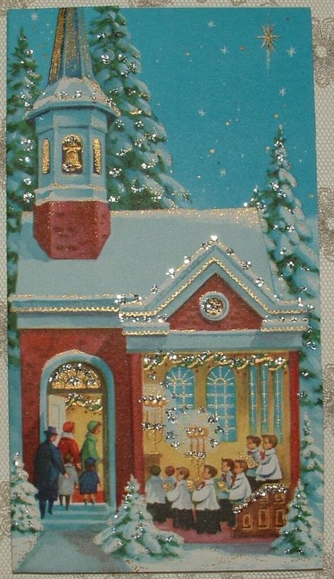 UNUSED - Glittered - 1950's Family Enter Church - 1950's Christmas Card | #2014238940 Morning Magic, Beautiful Christmas Scenes, Retro Christmas Cards, Send Christmas Cards, Kitsch Christmas, 1950s Christmas, Vintage Christmas Images, Hanging Christmas Tree, Christmas Greeting Card