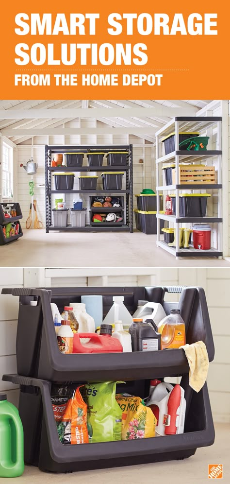 Maximize space and control clutter with storage solutions from The Home Depot. Sturdy shelving creates additional space around the walls, while tough totes and bins add the perfect space for all of your supplies. Click to shop smart garage storage solutions. Garage Chemical Storage, Home Depot Garage Organization, Messy Garage, Smart Garage, Garage Storage Solutions, Garage Organize, Garage Makeover, Garage Storage Organization, Sink Storage