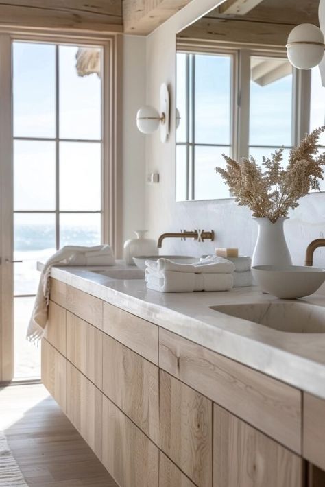 Wood Marble Bathroom, Modern Beach Bathroom, Coastal Modern Bathroom, Recessed Shelving, Modern Coastal Bathroom, Organic Modern Bathroom, Dream House Modern, Modern Bathroom Ideas, Beach House Bathroom