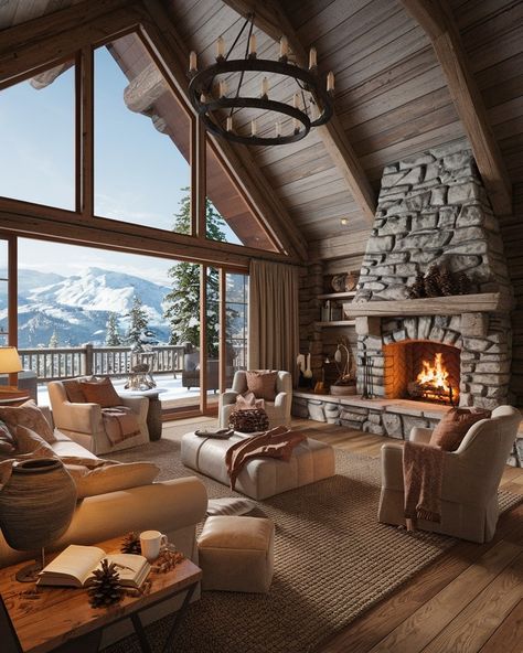 Embrace the ultimate cozy vibes! Imagine yourself in this rustic mountain cabin living room, warmed by a crackling fireplace and surrounded by nature’s beauty. 🏔️🔥 Perfect for a relaxing escape into serenity. 🌲 #MountainLiving #CozyCabin #RusticVibes #NatureEscape #InteriorInspo #CabinGoals #FireplaceDreams #MountainRetreat Mountain Cabin Living Room, Cabin Fireplace Ideas, Cozy Cabin Living Room, Rustic Mountain Cabin, Cabin Fireplace, Contemporary Cabin, Cabin Living Room, Rock Fireplaces, Mountain Living