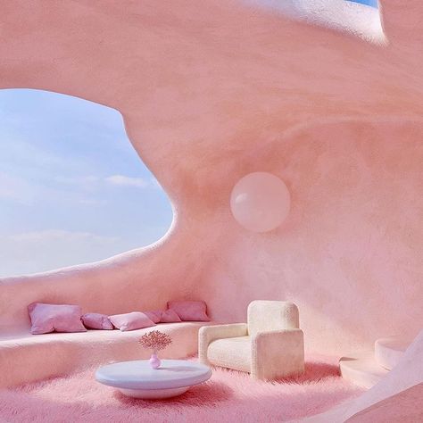 Layers&Shapes op Instagram Interior design by @riviersneda Dreamscape Architecture, Interior Wallpaper, Retro Interior, Organic Architecture, Aesthetic Rooms, Earthship, Futuristic Architecture, Pink Walls, Retro Futurism