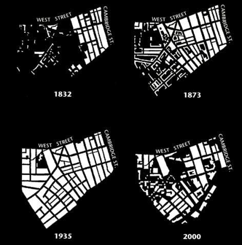 Figure ground history of the Devonshire quarter.  Photo by Sheffield City Council City Diagram, Timeline Drawing, Timeline Architecture, Time Diagram, Urban Morphology, Urban Mapping, Analysis Diagram, Site Analysis Architecture, Planning School