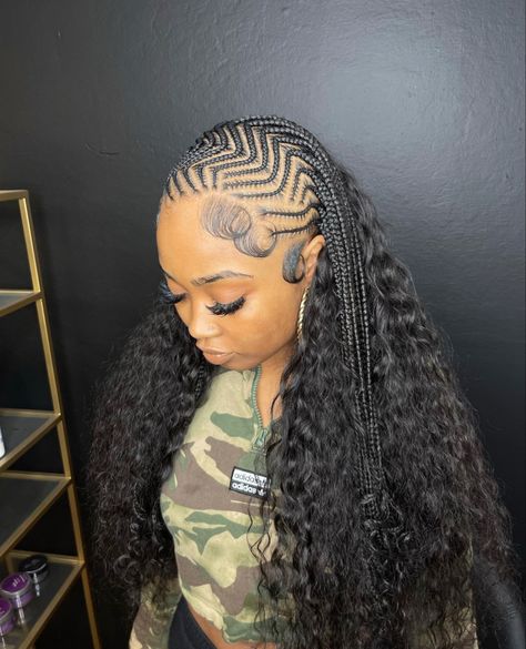 Two Braids Hairstyle Black Women Color, Long Fulani Braids Hairstyles With Curls, Cornrows With Curls In Back, Stitch Feed In Braids, Shaved Sides And Back, Feed In Braids, Small Box Braids, Feed In Braids Hairstyles, African Hair Braiding Styles