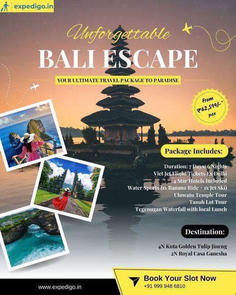 Escape to Bali! Discover the magic of serene beaches, vibrant culture, and breathtaking landscapes with our exclusive Bali travel package. Book your paradise getaway today! . . . . . Fixed Departures Inclusions:- Duration: 7 Days, 6 Nights Viet Jet Flight Tickets Ex Delhi 4 Star Hotels Included Water Sports (1x Banana Ride + 1x Jet Ski) Uluwatu Temple Tour Tanah Lot Tour Tegenugan Waterfall with local Lunch . . . . . . #balitravel #balitrip #baliholiday #balivacation #baliguide #balitour #b... Uluwatu Temple, Bali Guide, Bali Vacation, Bali Holidays, Tourism Poster, Flight Tickets, Flight Ticket, Bali Travel, Travel Packages