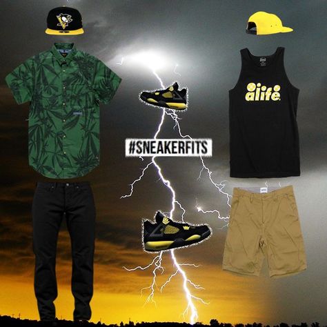 What To Wear With The Air Jordan 4 Thunder Baller Outfits, Jordan 4 Retro Outfit, Air Jordan 4 Thunder, Jordan 4 Outfit Men, Jordan 4 Thunder, Mens Outfits Streetwear, Thunder Outfit, How To Wear Jordans, Sneaker Fits