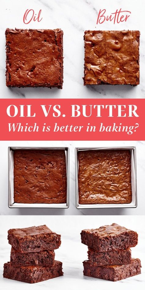 Butter vs. oil: which is better in baking? I’m breaking down each of these fats and how they affect tenderness, flavor, and texture in baked goods. Keep scrolling for side-by-side baking experiments of brownies and cupcakes made with butter vs. oil! #buttervsoil Oil Substitute For Brownies, Butter Substitute Baking, Baking Without Butter, Oil Brownies, Chewy Brownies Recipe, Brownie Desserts Recipes, Best Chocolate Cupcakes, Best Cooking Oil, How To Make Brownies