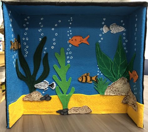 Fish Tank Felt Cardboard Box. Craft Fish Tank, Fish Tank Craft For Preschool, Under The Ocean Art, Shoe Box Aquarium, Cardboard Box Ideas For Kids, Cardboard Aquarium, Fish Tank Craft, Fish Tank Art, Cardboard Fish