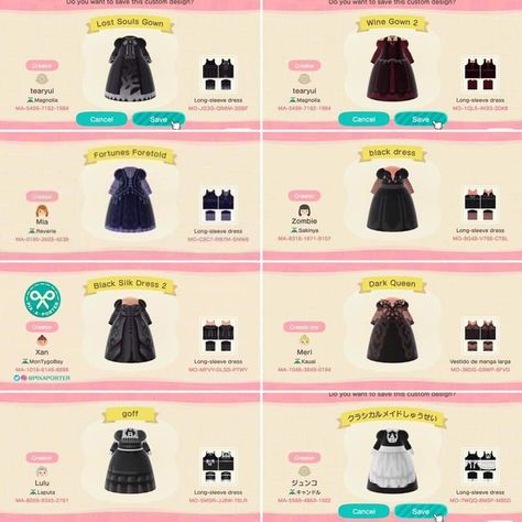 Acnh Goth Interior, Black Acnh Clothes, Acnh Black Dress, Animal Crossing Cosplay Codes, Acnh Tim Burton, Acnh Witch Pattern, Acnh Goth Clothes, Animal Crossing Dark Academia, Acnh Gothic Codes