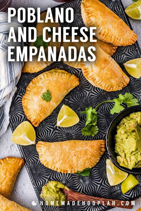 Poblano and Cheese Empanadas! These poblano and cheese empanadas are filled with a flavorful blend of mild chili peppers, corn, and manchego cheese, all baked within a crisp, flaky crust. | HomemadeHooplah.com Empanadas Recipe Mexican, Cheesy Empanadas, Veggie Empanadas, Chorizo Empanadas, Cheese Empanadas Recipe, Easy Empanadas Recipe, Vegetarian Empanadas, Cheese Empanadas, Cheese All