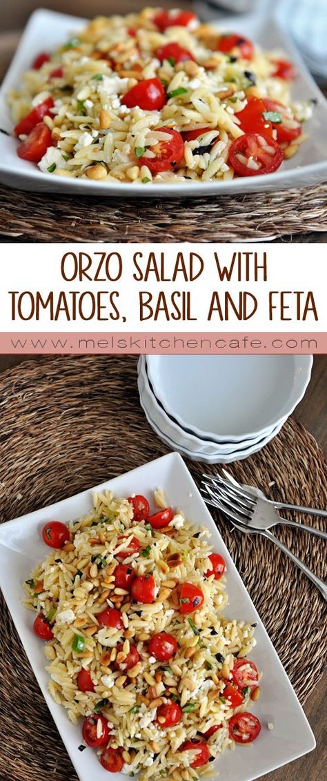 A perfect way to use up those garden fresh tomatoes, this orzo salad with tomatoes, basil. and feta is packed with flavor. Orzo Salat, Salad With Tomatoes, Orzo Salad, Fresh Tomatoes, Orzo, Women's Health, Summer Salads, Green Onions, Delicious Salads