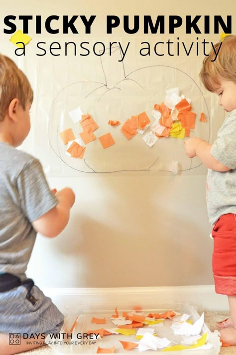 Toddlers and preschoolers love this sticky pumpkin and learn new textures as they play! Simple setup and a lot of fun for fall. Fall Fine Motor Activity For Toddlers, Mini Pumpkin Activities, Early Childhood Fall Activities, Pumpkin Sensory Activities For Toddlers, Pumpkin Infant Activities, Infant Pumpkin Activities, Pumpkin Theme Toddlers, Provacations Preschool Fall, Sensory Pumpkin Activities