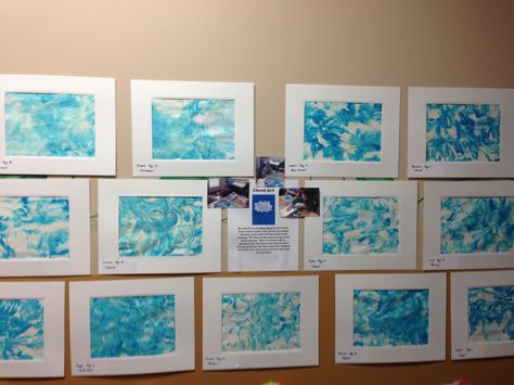 This piece was inspired by the childrens book "Little Cloud" by Eric Carle Preschool Art Show, Eric Carle Classroom, Eric Carle Activities, April Preschool, Cloud Activities, Preschool Weather, Weather Theme, Spring Preschool, School Worksheets