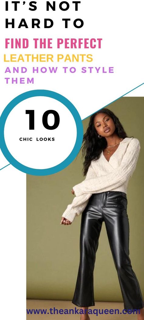 A black model with long wavy hair wears a white v-neck criss cross sweater with black leather pants. Styling Wide Leg Faux Leather Pants, Wide Leg Crop Leather Pants Outfit, Black Leather Cropped Pants Outfit, Ways To Style Leather Pants, Leather Capri Pants Outfit, Tops To Wear With Leather Pants, Leather Ankle Pants Outfit, Shoes To Wear With Leather Pants, Cropped Leather Pants Outfit