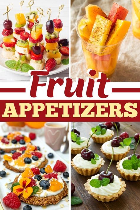 These easy fruit appetizers are healthy, beautiful, and delicious! From skewers to dips to crostini, fruit has never tasted so good. Easy Fruit Appetizers Simple, Fruit Appetizers For Wedding, Easy Fruit Appetizers For A Party, Skewer Appetizers Cold Fruit, Cute Fruit Appetizers, Healthy Fruit Appetizers, Fruit Fingerfood Appetizers, Fruit Salad Skewers, Wine Snacks Appetizers Simple