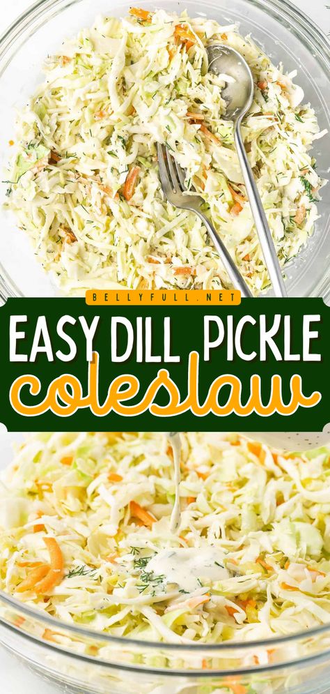 With cabbage, dill pickles, onion, and carrots coated in a creamy mayo-based dressing, this Dill Pickle Coleslaw is perfectly tangy and crunchy. Serve with ribs and burgers at your next cookout or as a topping on BBQ chicken sandwiches. Pickle Slaw Recipe, Dill Pickle Coleslaw, Pickle Coleslaw, Pickle Slaw, Salads Dressing, Dill Pickle Juice, Classic Coleslaw Recipe, Best Coleslaw Recipe, Healthy Coleslaw