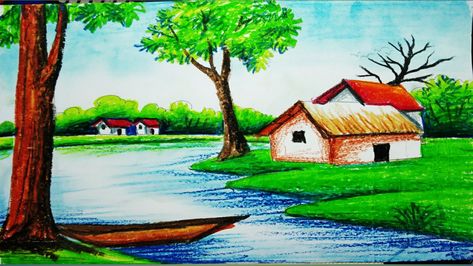 Beautiful Scenery Drawing, Village Scene Drawing, Abs Art, Easy Scenery Drawing, Oil Pastel Landscape, Cartoon Dolphin, Oil Pastel Drawings Easy, Easy Landscape Paintings, Oil Pastel Colours