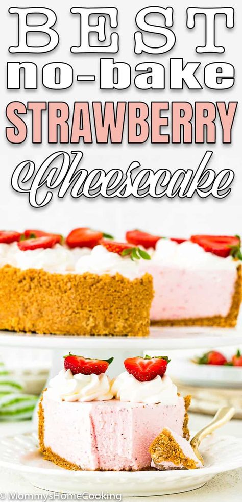 This Best No-Bake Strawberry Cheesecake is rich, creamy, sweet and so refreshing! Its light and perfectly balanced flavor will magically melt in your mouth. #recipe #eggless #eggfree #cheesecake #strawberry #nobake #easy #fromscratch #filling #withcondensedmilk #best #simple via @mommyhomecookin Eggless Dessert Recipes, Eggless Cake Recipes, Egg Free Desserts, Cheesecake Strawberry, Strawberry Cheesecake Recipe, Recipe Categories, Trifle Pudding, Eggless Cake Recipe, Eggless Desserts