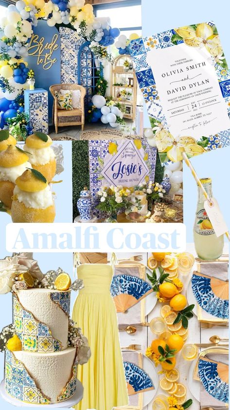 Positano Themed Bridal Shower Ideas, Summer Bridal Shower Themes, Blue Bridal Shower Themes, Amalfi Lemons, Mediterranean Party, Amalfi Wedding, Italian Bridal Showers, Lemon Birthday, Lemon Centerpieces