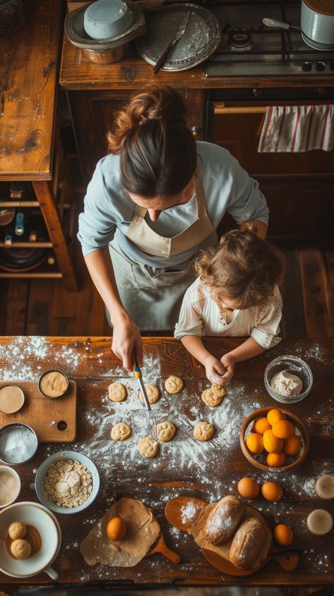 Baking Together Joyfully: A tender moment as a parent and child bond over the art of baking in a cozy kitchen. #baking #cooking #family #bonding #kitchen #aiart #aiphoto #stockcake ⬇️ Download and 📝 Prompt 👉 https://ayr.app/l/mxhw Baking With Family Aesthetic, Baking In The Kitchen Aesthetic, Baking With Daughter, Cooking Portrait Photography, Vision Board Kitchen, Kitchen Photoshoot Ideas Cooking, Baking Vision Board, Family Baking Aesthetic, Home Cooking Photography