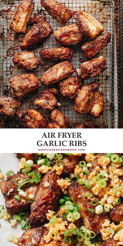 Sharing a super easy and addictive air fryer ribs recipe that is inspired by Chinese fried garlic ribs. The ribs are juicy, tender, very flavorful, coated with a crispy crust and finished up with crispy garlic bits. If you are looking to enjoy ribs without guilt, you should make this air fryer version for a delicious and healthy meal with wholesome ingredients. {Gluten-Free Adaptable} Airfryer Pork Ribs Recipes, Dry Fried Ribs Chinese, Air Fried Ribs Recipe, Air Fryer Dry Ribs, Pork Short Ribs In Air Fryer, Air Fryer Dry Garlic Ribs, Healthy Ribs Recipe, Riblets Recipe Air Fryer, Air Fryer Rib Tips