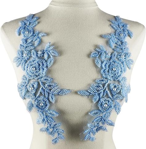 Amazon.com: YOOGCORETT 1 Pair Light Blue 3D Lace Applique, Sew on Flower Bead Fabric Patches Embroidered Trim Applique for Wedding Dress Decor DIY Sewing Clothing Applique 12.6" x 4.3"Inch Blue Lace Dresses With Floral Applique, Blue Dresses With Floral Applique For Dress-up, Elegant Blue Lace With Intricate Embroidery, Embroidered Lace Fabric Blue, Blue Beaded Lace Sequin Fabric, Blouse Neck Designs, Appliqué Patch, Beaded Trim, Fabric Patch