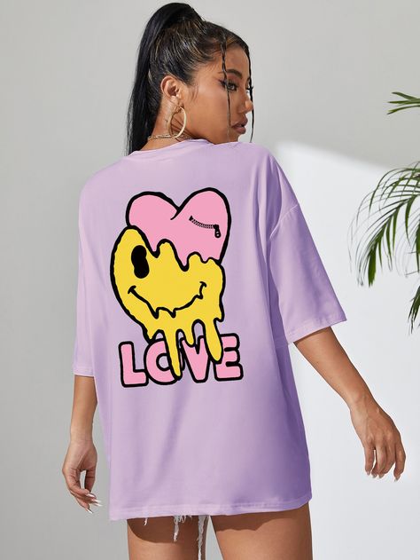 Cartoon And Letter Graphic Drop Shoulder Tee Drop Shoulder Tee, Shirt Design Inspiration, Women T Shirts, Summer Cotton, Smiley Face, Cotton Tops, Smiley, Drop Shoulder, Sport Outfits