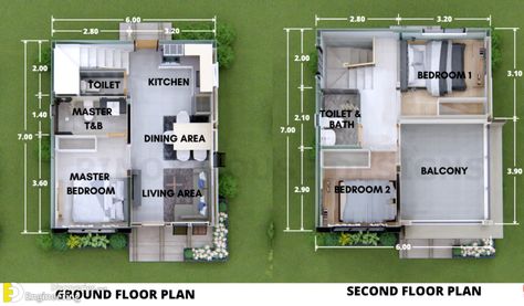 Small 2-Storey House Design 6.0m x 7.0m With 3 Bedrooms | Engineering Discoveries Minimalist House Plans 3 Bedroom, House Design With 3 Bedrooms, Small House Design Floor Plan, Small House Design Philippines, Two Storey House Plans, Small House Blueprints, Small House Exteriors, Small Modern House Plans, Two Story House Design