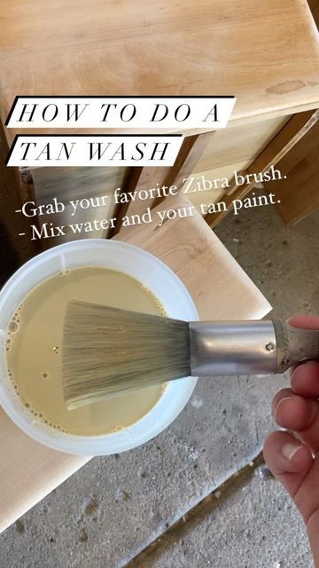 Maggie | Pinch of Paint on Instagram: "How to do a tan wash to even out your wood: -Grab your favorite @zibrapainting brush. I used a tan brush. -Mix water and tan paint. I did a 3:1 ratio -Brush on & wipe off excess with a rag. -Let dry and seal. #tanwash #whitewash #howtopaint #paintingfurniture #learnhowtopaint #flippingfurniture #sidehustle #makingmoney #smallbusiness #smallbusinesshustle #watchmeflip #furnituresale #paintwithme #tan #pinchofpaint #painteddesk #diy" Tan Wash Kitchen Cabinets, Tan Wash, Tan Wash Wood, Tan Wash Furniture Diy, Tan Wash Cabinets, How To Tan Wash Furniture, Tan Washing Wood, How To Strip And Bleach Wood, Tan Wash Furniture