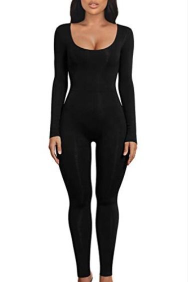 rib stitch combined very soft and comfy, non see-through, flattering and squat proof, flatlock seams and seamless, reduce muscle vibrations and increase comfort. Black Catsuit, Estilo Swag, One Piece Jumpsuit, Bodycon Maxi Dresses, Black Romper, Vintage Streetwear, Catsuit, Yoga Women, Straight Leg Pants