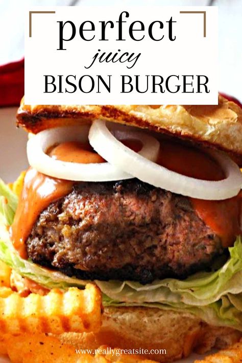 These Buffalo Burgers will elevate your burger game. Ground Bison meat is flavored with onion, rosemary, thyme and Worcestershire sauce. And drizzled with a special homemade secret sauce, you’ve got a delicious burger and a burger lower in cholesterol than beef. Best buffalo burger recipe. Summer Grilling Ideas, Bison Burger Recipe, Buffalo Burger, Burger Bbq, Bison Recipes, Ground Bison, Buffalo Burgers, Bison Meat, Buffalo Meat