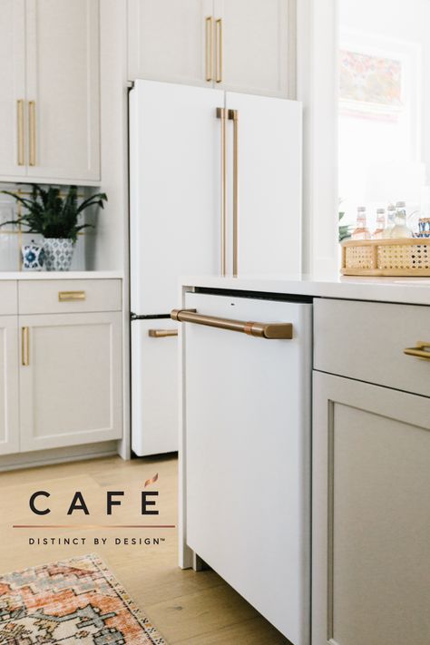 Gretchen Black of Greyhouse Design, and member of the Café Collective, is a true expert at mixing design trends in the home to make a beautiful and welcoming space. We interviewed her to share a few of her tips with you! Black Ge Cafe Appliances In Kitchen, Kitchens With White Appliances Ideas, White Cafe Appliances In Kitchen Ideas, Creamy White Bathroom Vanity, White And Gold Kitchen Appliances, White Cafe Appliances In Kitchen, White Cafe Appliances, White Ovens, White Appliances In Kitchen