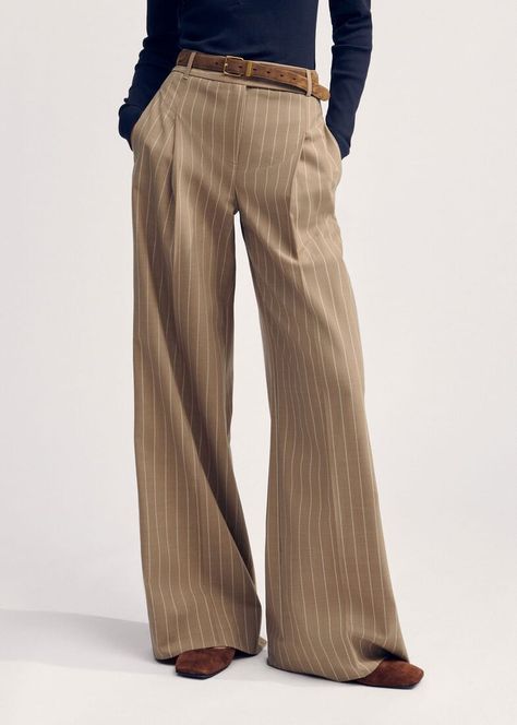 Lightweight Pinstripe Wide-Leg Trouser Caramel Tan Pinstripe Pants Outfit, Fun Work Pants, Pinstripe Pants Outfit Work, Brown Pinstripe Pants Outfit, Brown Pinstripe Pants, Pinstripe Pants Outfit, Pinstripe Pants Women, Sparkly Pants, Side Stripe Trousers