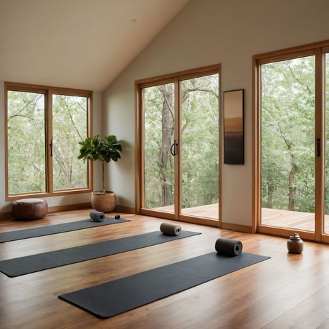 A serene minimalist home yoga studio with hardwood floors, large windows, and calming neutral tones for a peaceful and focused practice environment. #YogaStudio #Minimalist #HardwoodFloors #LargeWindows #NeutralTones Pilates And Yoga Studio, Minimalist Yoga Studio, Yoga Nook, Yoga Living Room, Home Yoga Studio, Pilates Room, Yoga Background, Home Yoga Room, Home Office/gym