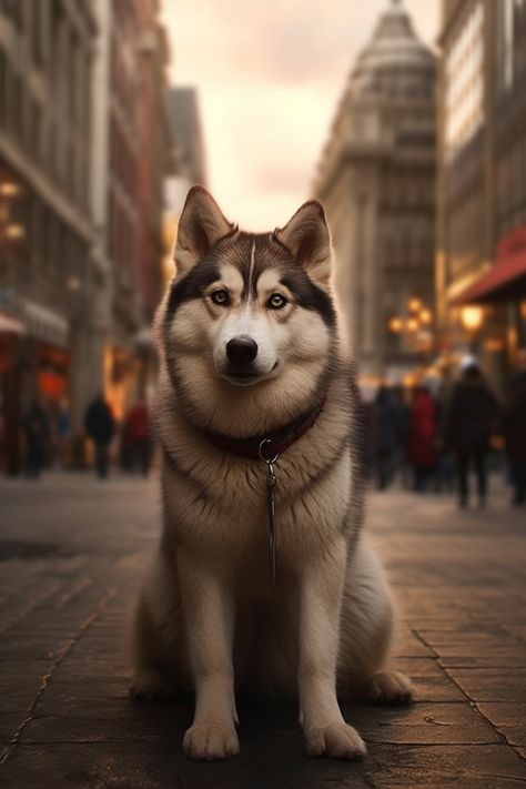 A striking Husky dog stands against a cityscape, captivating with its piercing blue eyes and luxurious coat, combining urban sophistication with wild allure. Husky Wallpaper, Husky Photography, Haski Dog, Piercing Blue Eyes, Baby Lion Cubs, Husky Breeds, Urban Dog, Cute Puppies And Kittens, Tiger Artwork