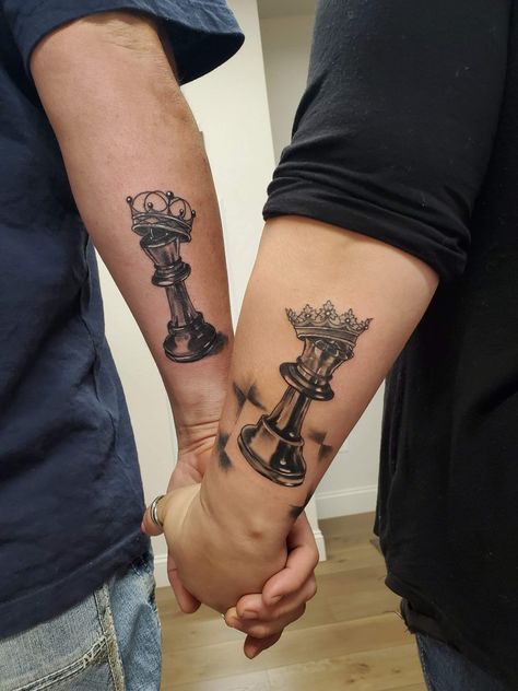 Chess Piece Matching Tattoo, Chess Piece Tattoo Couple, King And Queen Chess Piece Tattoo, Tattoo Chess, Queen Chess Piece Tattoo, Husband And Wife Tattoos Unique, Husband And Wife Tattoos, Couple Tats, Paintbrush Tattoo