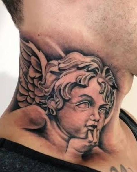 Angel Whispering In Ear Tattoo, Angel Whispering In Ear Tattoo Design, Angel Neck Tattoo, Neck And Throat Tattoos Men, Half Sleeve Tattoos Sketches, Aztec Tattoos Sleeve, Side Neck Tattoo, Skull Hand Tattoo, Throat Tattoo