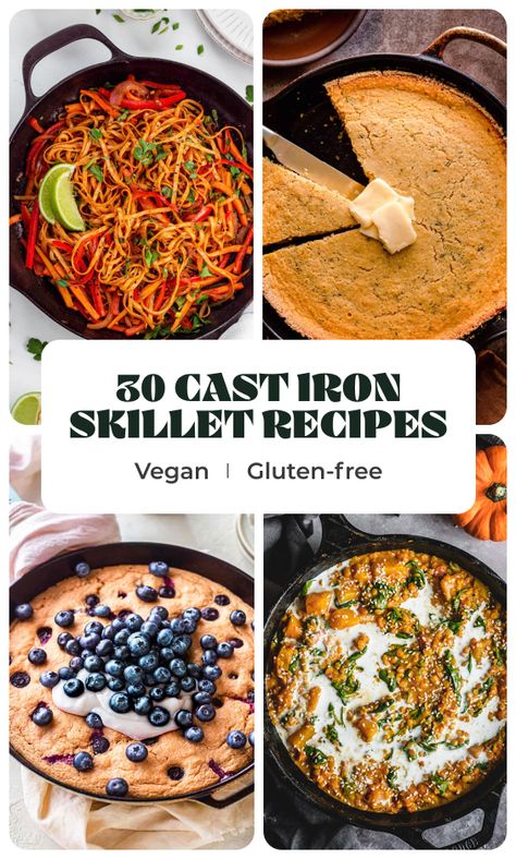 Cast iron pans are one of the most versatile kitchen tools! These vegan cast iron skillet recipes include ideas for dinner, breakfast, and dessert, all of them easy to make and bursting with flavor! Cast Iron Skillet Recipes Dinner Vegetarian, Cast Iron Skillet Recipes Vegan, Vegetarian Cast Iron Recipes, Gluten Free Cast Iron Recipes, Vegan Breakfast Skillet, Vegan Cast Iron Recipes, Carbon Steel Pan Recipes, Individual Cast Iron Skillet Recipes, Cast Iron Skillet Recipes Vegetarian