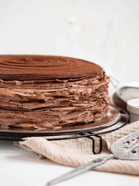 Chocolate Crepe Cake - Catherine Zhang Crepe Cake Chocolate, Chocolate Crepe Cake, Crepe Cake Recipe, Chocolate Crepes, How To Make Crepe, Crepe Cakes, Light Cakes, Mille Crepe, Tall Cakes