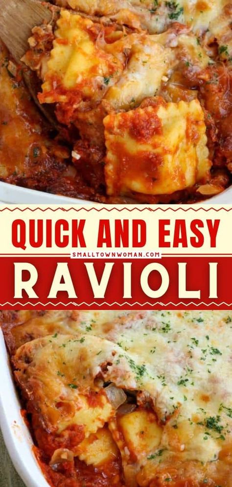 A quick and easy baked ravioli recipe perfect for weeknight dinners! It is made with frozen cheese ravioli, Italian sausage, onions, garlic, marinara, and oodles of mozzarella, and Parmesan Cheese all baked to golden perfection. Save this comfort food recipe! Sausage Ravioli Recipe, Easy Ravioli Recipe, Frozen Ravioli Recipes, Easy Baked Ravioli, Italian Casseroles, Cheese Ravioli Recipe, Pasta Receipes, Sausage Ravioli, Baked Ravioli Casserole