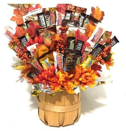 Gifts2GoNow Autum Harvest Candy Basket Candy Boquets, Candy Bar Bouquet, Gift Card Bouquet, Snack Gift Baskets, Halloween Candy Bar, Thanksgiving Candy, Candy Trees, Candy Arrangements, Hot Cocoa Gift