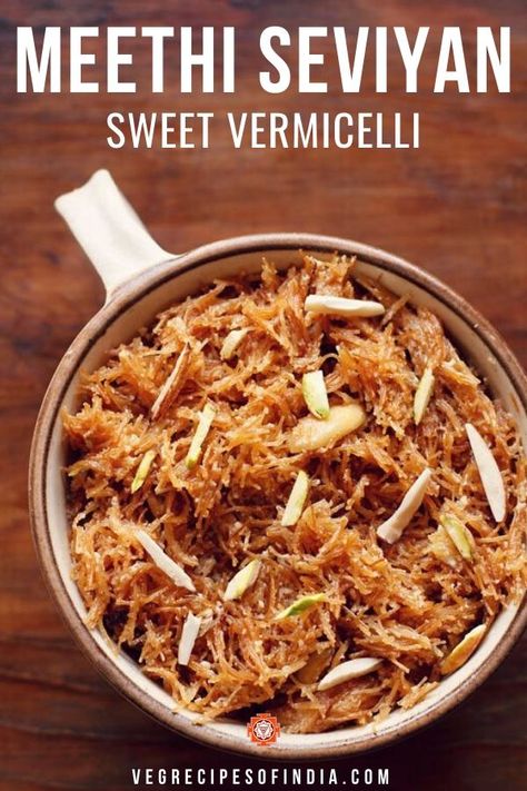 Meethi Seviyan is an authentic North Indian sweet is one that is made with less than 10 ingredients and comes together in no time at all! Made from whole wheat vermicelli, ghee, milk, sugar, and dry fruits, this recipe is great to make when you need a last minute dessert. Try this sweet vermicelli for dessert this weekend! #vegetarian #desserts #NorthIndianfood #Indiansweets #MeethiSeviyan #sweetvermicelli Seviyan Recipe, Sevai Recipe, Pakistani Desserts, Carrot Halwa Recipe, Vermicelli Recipes, Goan Recipes, Quick Dessert Recipes, Sweet Dishes Recipes, Indian Dessert Recipes