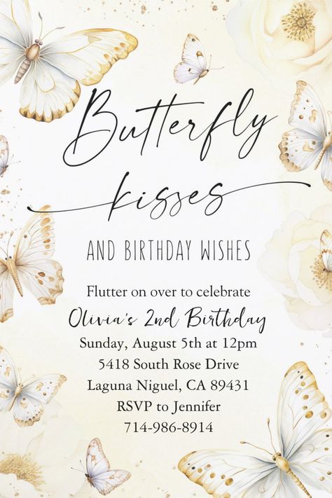 Butterfly kisses and birthday wishes invitations for girls featuring lovely watercolor butterflies. Girls birthday party invites and ideas. afflink 2nd Birthday Party Butterfly Theme, Baby Girl First Birthday Butterfly Theme, Butterfly 2nd Birthday, Butterfly Themed 2nd Birthday Party, 3rd Birthday Butterfly Theme, Butterfly Kisses And Birthday Wishes, 1st Birthday Girl Butterfly Theme, Kiss Birthday Party, Butterfly 1st Birthday