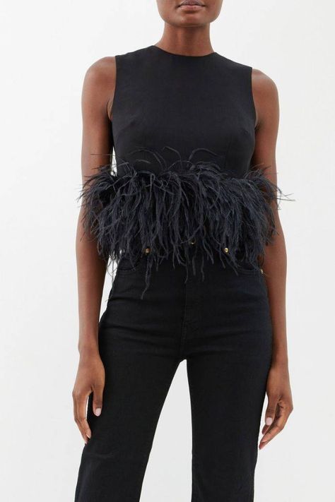 Feather Top, Ostrich Feather Trim, Black Poppy, Crepe Top, Feather Trim, Ostrich Feather, Trim Top, Puff Sleeve Blouse, Ostrich Feathers