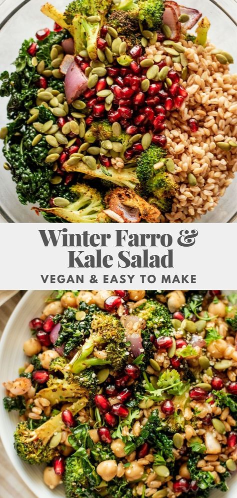 This hearty Winter Farro and Kale Salad is loaded with tender farro, chickpeas, and sweet pomegranate seeds, dressed in a garlic citrus dressing. Easy meal prep for easy lunches. Farro Edamame Salad, Moroccan Kale Salad, Cold Farro Salad, Farro And Kale Salad, Farro Salad With Chicken, Farro Pilaf Recipe, Crispy Farro Salad, Farro Breakfast Pudding, Winter Dense Bean Salad