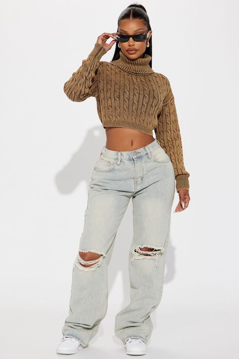 Available In Olive, Lavender, And Brown. Pullover Sweater Turtleneck Cable Knit Long Sleeve Cropped Washed Disclaimer: Due To The Specialized Wash Process, Each Garment Is Unique. 55% Cotton 45% Acrylic Imported | Almost Daily Cable Knit Sweater in Brown size 1X by Fashion Nova Street Style Summer Casual, Edgy Work Outfits, Modest Spring Outfits, Boho Fashion Winter, Turtleneck Outfit, Sweater Turtleneck, Fashion Nova Outfits, Effortlessly Chic Outfits, Outfit Jeans