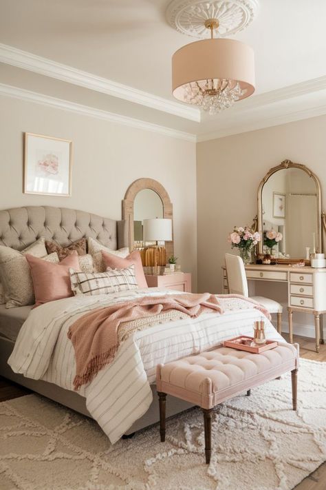 Minimalist girly bedroom with pastel bedding and warm lighting. Tuffed Bed, Bedding Neutral, Bedroom Glam, Pastel Bedding, Cozy Fall Bedroom, Fall Bedroom, Tufted Headboard, Fur Throw, Pink Bedroom