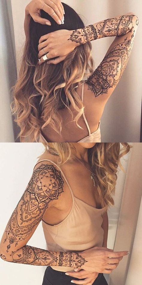 Aztec Tattoo Sleeve Woman, Forearm Wrapped Tattoo, Jewelry Tattoo Sleeve, Bohemian Shoulder Tattoo, Mandala Arm Sleeve Tattoos For Women, Women’s Arm Tattoo Ideas, Henna Calf Tattoo, Mandela Shoulder Tattoos For Women, Lotus Tattoo Sleeve For Women