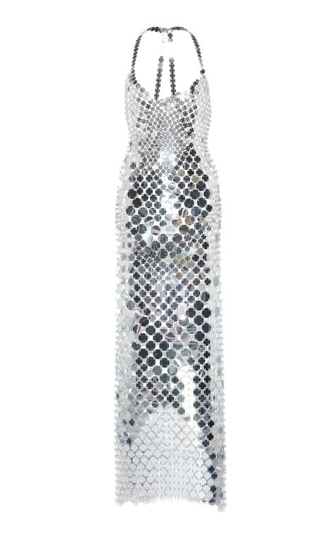 Paco Rabanne - FW19 | Halter back silver sequin dress ($4,390) Silver Sequin Maxi Dress, Paco Rabanne Dress, Armour Dress, Silver Metallic Dress, Metal Dress, Silver Sequin Dress, Bling Fashion, Sequin Halter, Brandon Maxwell